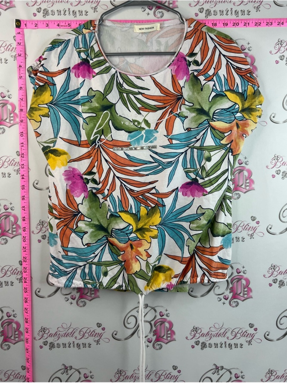 New fashion tshirt tropical tie up hem Floral Short Sleeve Tee - White Multi